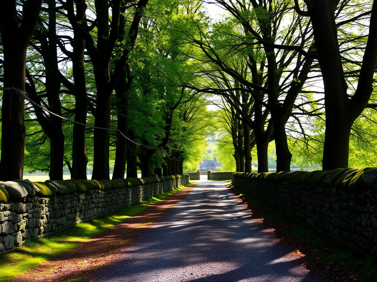 Tree-lined woodland footpath beside an old stone wall leading toward the village
